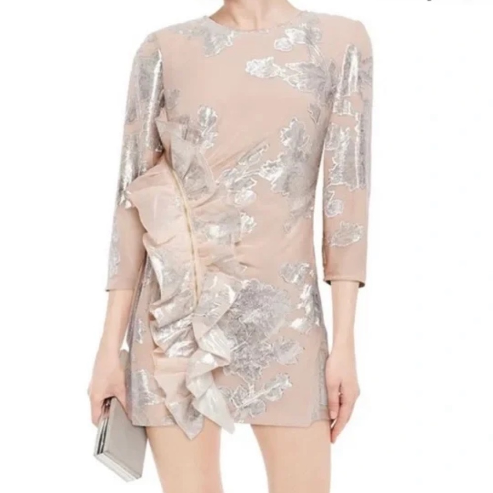 New Self-Portrait Metallic Fil Coupe Mini Dress Blush Pink